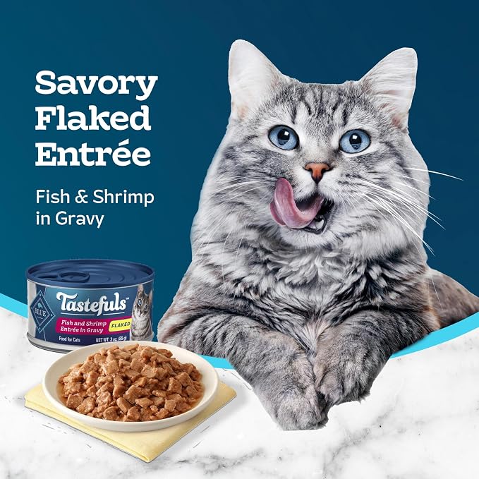 Blue Buffalo Tastefuls Fish & Shrimp Flaked Wet Cat Food, 3 oz, 24 ct | Real Fish First, Entrée in Gravy, No Chicken By-Product, Corn, Wheat, or Soy