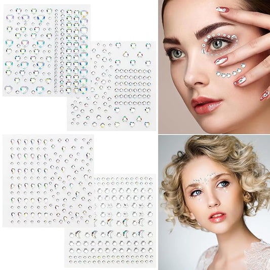 Rhinestone Face Gems Stickers, 4 Sheets Self-Adhesive Face Jewels Diamonds Rhinestones for Makeup Stickers, Body Face Eye Nail Makeup Stickers Temporary Tattoos for Women and Girls