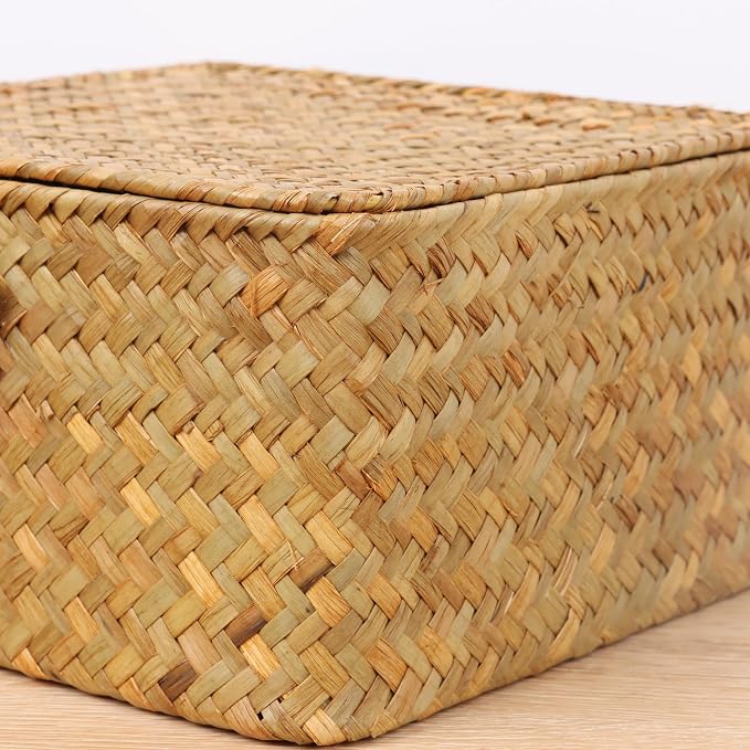 Moosky Wicker Shelf Baskets with Lid, Handwoven Seagrass Storage Basket Bins Square Gift Boxes for Shelves Home Decor Organizer (Natural, Medium)