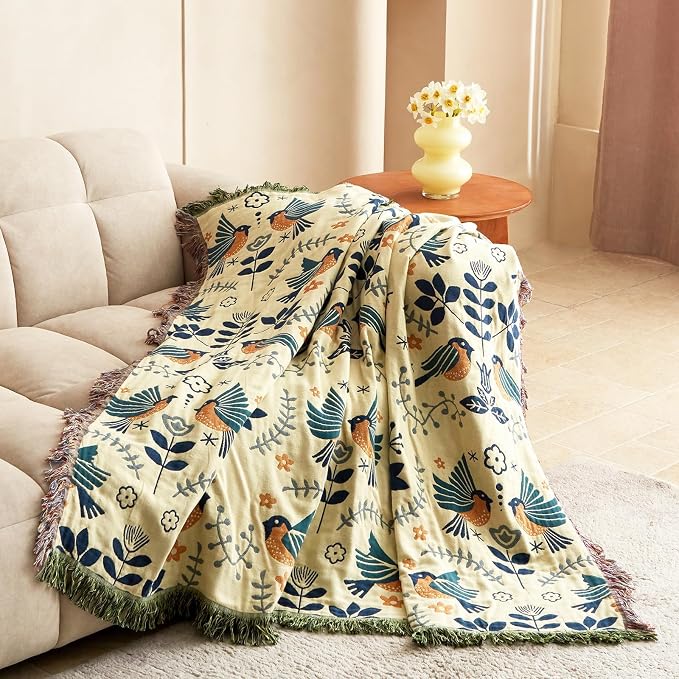LUTBM Boho Throw Blanket for Couch 50"x60", 100% Cotton Soft Bed Blankets | Reversible Floral Birds Embroidery Throws, All-Season, For Chair Sofa Living Room Bedroom, Lightweight Breathable, Home Decor