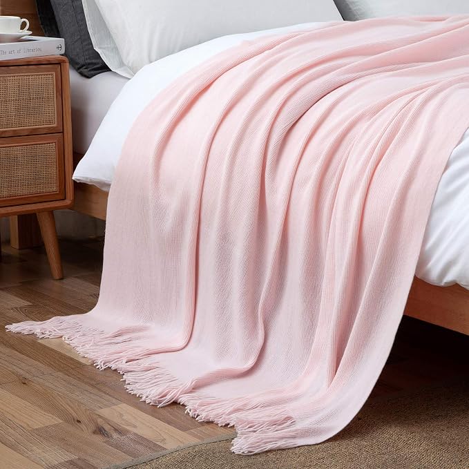 Vonty Pink Knitted Throw Blanket with Tassels Fringe, 50x60 Acrylic | Super Soft And Lightweight, Year-Round Cozy Warmth, Farmhouse Decorative Style, Machine Washable, for Couch, Sofa or Bed