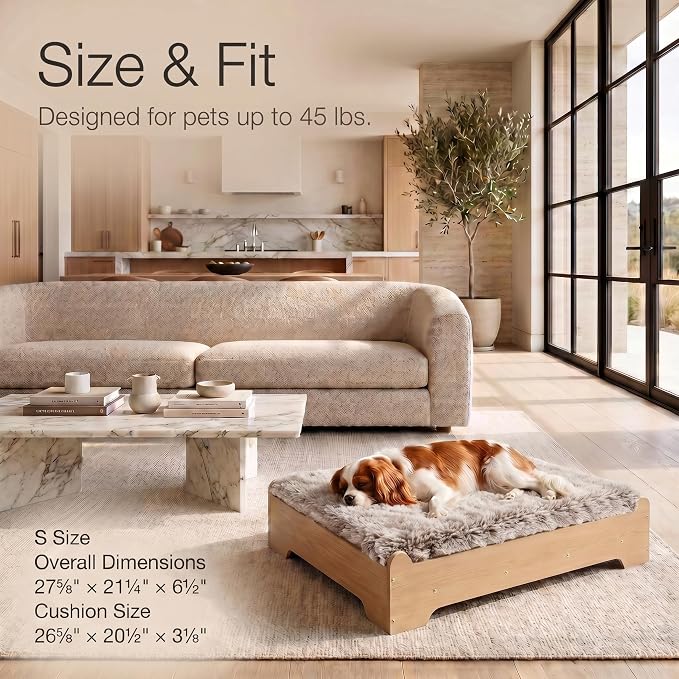 Elevated Wood Dog Bed Frame with Foam Mattress, WoodPattern, S | Raised Dog Bed with Washable Cover, Furniture-Style Design for Indoor Living