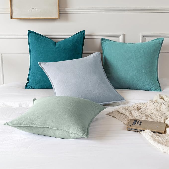 MIULEE Decorative Linen Pillow Covers 18x18 Inch Teal Blue | Boho Farmhouse Neutral Couch Throw Pillows for Bed, Pack of 2 Accent Modern Pillowcases, Sofa Livingroom Home Decor