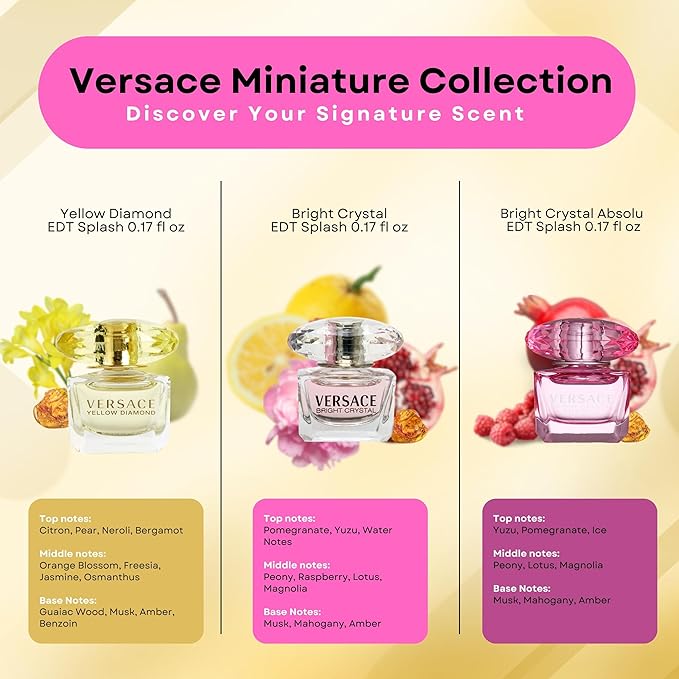 Versace 3-piece Miniatures Fragrance Collection - Bright Crystal Absolu, Bright Crystal, Yellow Diamond - Gift set for Women 0.17 fl oz each