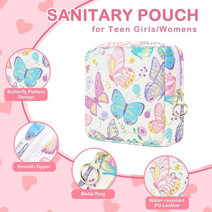 Likesing Period Bag Pouch, Canvas Sanitary Napkin Storage Bag for Girls Womens, Portable Sanitary Napkin Period Pad Pouch Bag for Purse, Small Make Up Bags(White Butterfly)