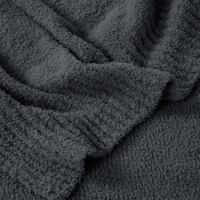 Dark Grey Black Fuzzy Knitted Blanket, Soft Lightweight Plush Queen Size Blanket for Bed, Cozy Nights, Charcoal Grey, 90x90