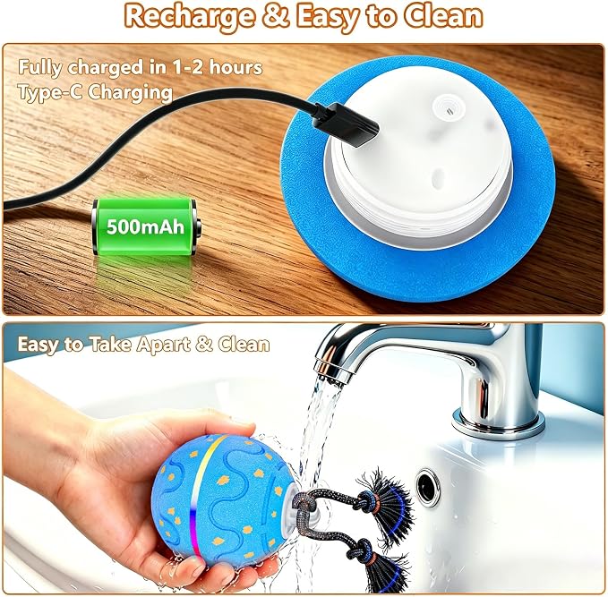 Interactive Dog Ball Toy with 2 Rope, Automatic Rolling & Bouncing Smart Dog Toy with Bird Chirping Sound and LED Light, Soft ETPU Chew-Safe Material, USB Rechargeable, for Medium & Large Dogs
