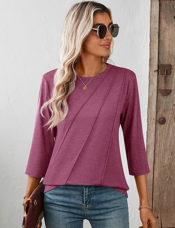 LOMON 3/4 Length Sleeve Womens Tops Spring Summer Fashion 2026 Tops Crew Neck Pleated Shirts Tunic Top Loose Fit