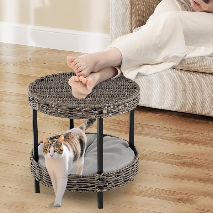 Tangkula 2-Tier Rattan Cat Nest, Wicker Kitten Condo with Removable Padded Cushion, Raised Cat Bed for Small Animals, Indoor & Outdoor Elevated Pet Shelter for Home, Deck, Balcony