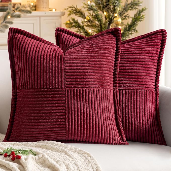 MIULEE Decorative Throw Pillow Covers for Couch 16x16 Inch Burgundy 2 Pack | Boho Broadside Striped Patchwork Pillow Covers, Soft Corduroy Cushion Cases, For Sofa Bed Livingroom Home Decor