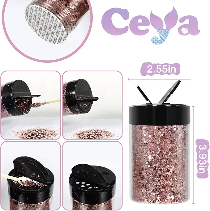 Ceya Chunky Glitter, 4.9oz/ 140g Pink Gold Craft Glitter Powder Mixed Fine Flakes Iridescent Nail Sequins for Nail Art, Hair, Epoxy Resin, Tumblers, Slime, Painting, Festival Decor