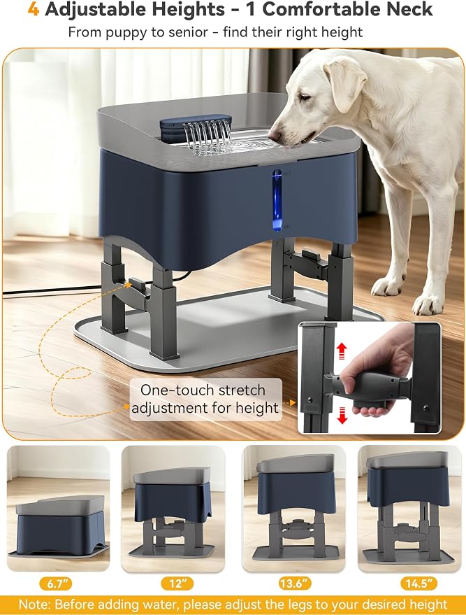 11L Elevated Dog Water Fountain No-Spill with 4 Heights Adjustable | Large Capacity, No-Splash, Anti-Slip Mat, 304 Stainless Steel Tray, 5-layer Filtration, for Senior/Large Dog & Multi-Pet Home