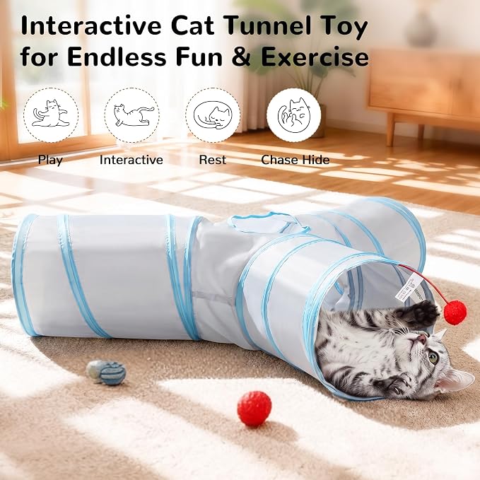 Tempcore Cat Tunnel, 3-Way Collapsible Toy, Large Size Light Grey & Blue