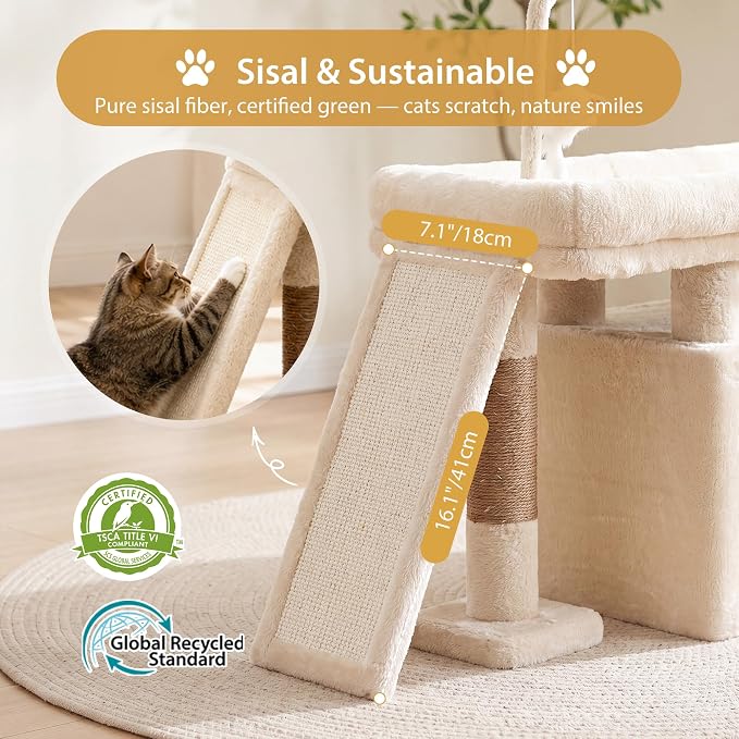 Heybly Cat Tree Extra-Long & Stable 2 Adjustable Scratch Boards HCT210SMJ | Easy-Climb Cat Tower with Dual-Leg Floor Condo, Sturdy Cat Furniture with Extra Wide Platform & Interactive Toys, Beige