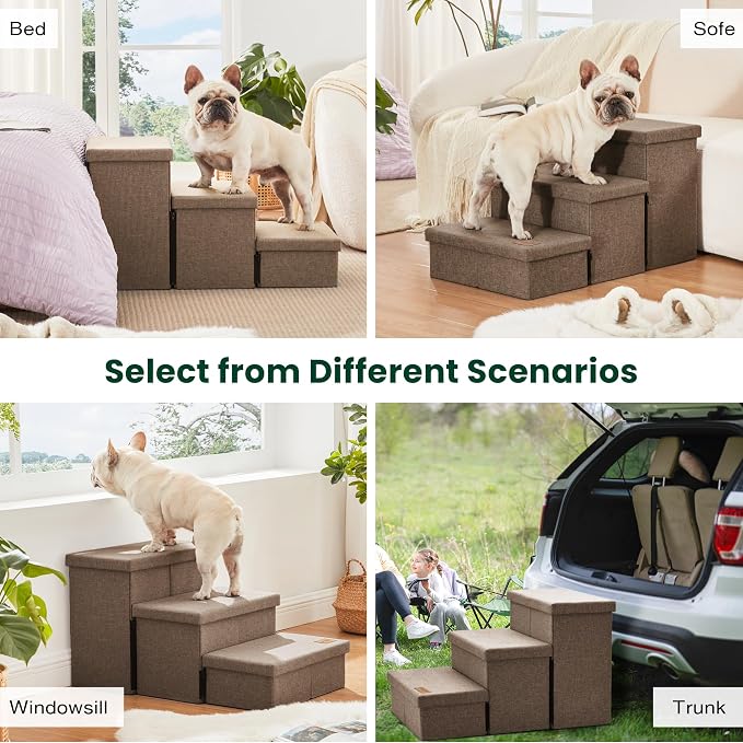 Love's cabin Dog Stairs for High Bed, Foldable Pet Stairs for Small Medium or Large Dogs Puppy with Storage for Bed or Couch, Cat Dog Steps Ramp with Zip up to 200 lbs, Light Brown, 3 Steps