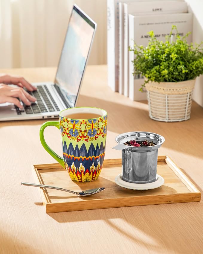 vancasso Ceramic Tea Cup with Infuser and Lid, 18 Ounce Tea Infuser Mug for Loose Leaf Tea, Microwave & Dishwasher Safe, Bohemian Mandala, Gift for Tea Lovers, Mint Petal Whirl