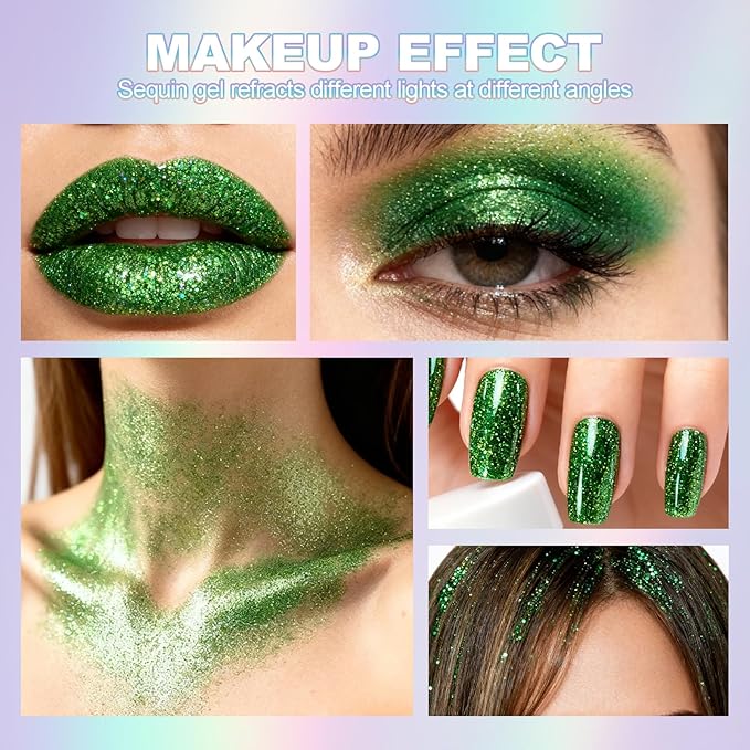 Erinde Holographic Body Glitter Gel, Roll-On Face Hair Glitter for Mermaid Makeup Festival Party Rave Accessories, Chunky Sequins Chameleon Shimmer Christmas Makeup for Women Girls, 06 Green