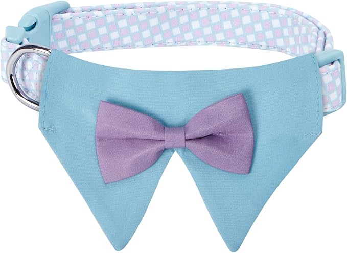 Blueberry Pet Sophisticated Pastel Blue Checker Adjustable Dog Bandana Collar with Bow Tie, Medium, Neck 14.5"-20"