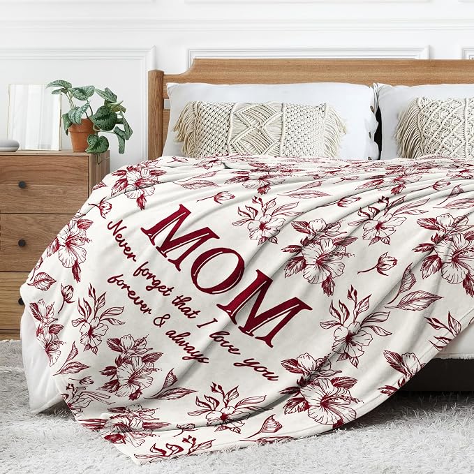 Gifts for Mom, Mom Birthday Gifts from Daughter Son, To My Mom Blanket | I Love You Mom Gifts for Birthday, Christmas, Mothers Day, Blanket for Mom with Hibiscus Flowers Print, 60" x 50", Burgundy