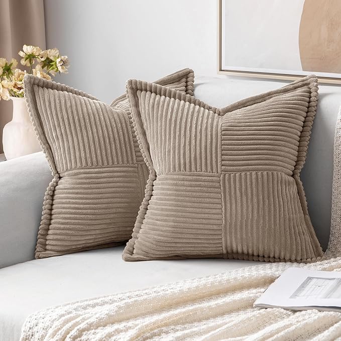 MIULEE Decorative Throw Pillow Covers for Couch 18x18 Inch Light Brown | 2 Pack, Boho Broadside Striped Patchwork Pillow Covers, Soft Corduroy Cushion Cases, For Sofa Bed Livingroom Home Decor