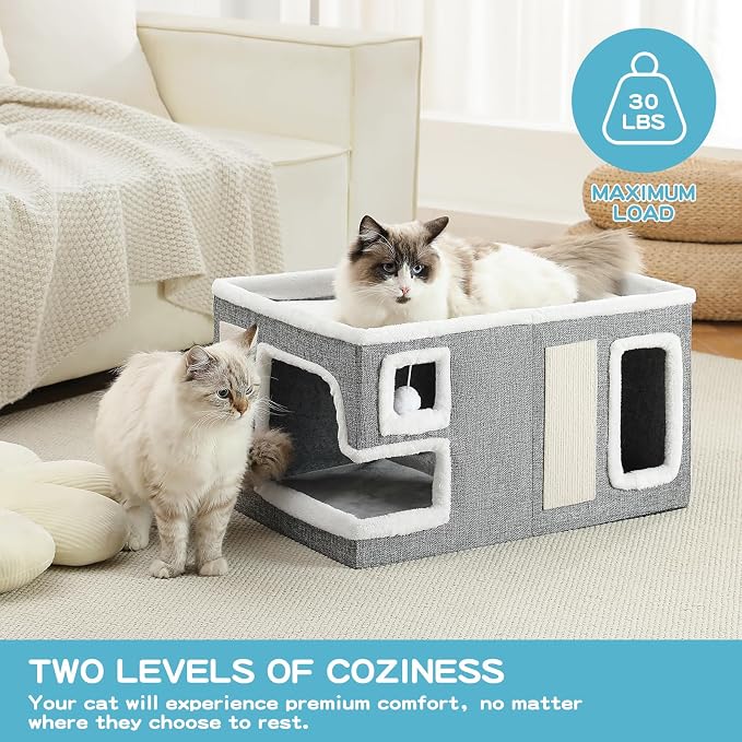 Large Cat Houses for Indoor Cats, Extra Wide Cat Cave Bed with Scratch Pad and Fluffy Ball, Foldable Cat Hideaway Condo for Large Cats, Modern Kitten Bed,23x16x13 inches (Grey, X-Large)