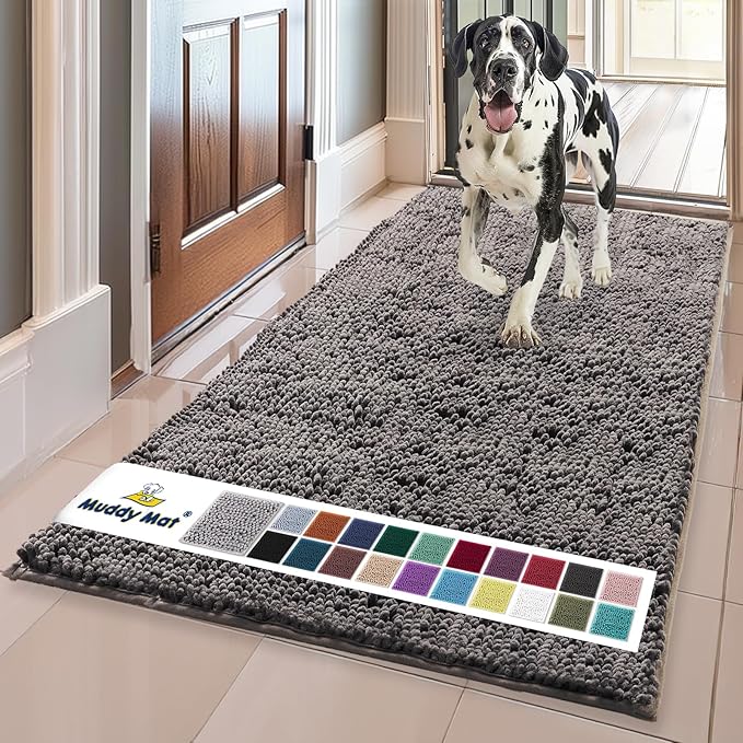 Muddy Mat® | Super Water Absorbent Door Mat Indoor, Microfiber Quick Dry Chenille Entryway Rug, Slip Resistant Front Door Mat, Indoor Mats for Entryway, Machine Washable Pet Rug, Charcoal 24"x60"