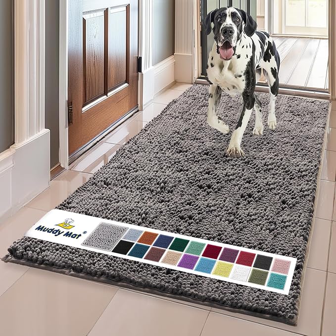 Muddy Mat® | Super Water Absorbent Door Mat Indoor, Microfiber Quick Dry Chenille Entryway Rug, Slip Resistant Front Door Mat, Indoor Mats for Entryway, Machine Washable Pet Rug, Charcoal 24" x 96"