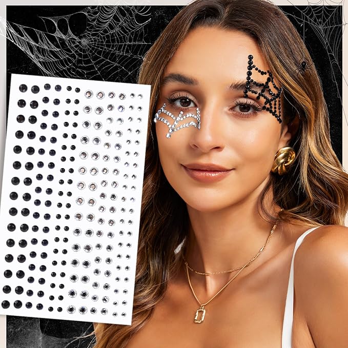 YGDZ Face Gems, Halloween Face Jewels Stickers, Spider, Bats, Snakes Hair Gems for Women, Black Stick On Rhinestones for Halloween Makeup, Rave Accessories