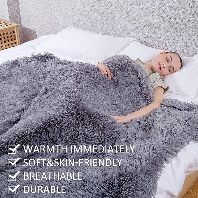 YUSOKI Long Faux Fur Twin Size Blanket, Gray, 60" x 80" | Ultra Soft, Lightweight for All Season Use, stays fluffy after repeated washes, Perfect Gifts, Machine Washable