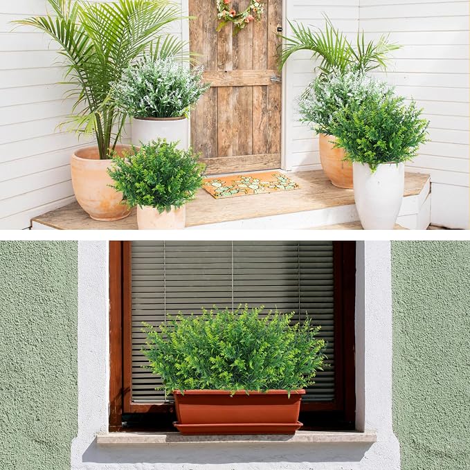 RECUTMS Fake Plants Artificial Spring Plants for Outdoor Fake Green Flowers | 8Pcs Artificial Shrubs UV Resistant Greenery Faux Flowers For Outdoor Planters Outside Front Porch Spring Decoration for Home