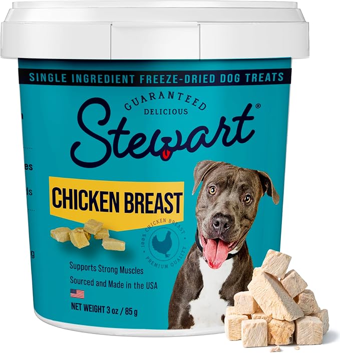 Stewart Freeze Dried Dog Treats, 100% Chicken Breast, 3 oz Tub | Premium Quality Raw Protein, Single Ingredient, High Protein Training Treats & Food Topper, No Refrigeration, Cat Friendly