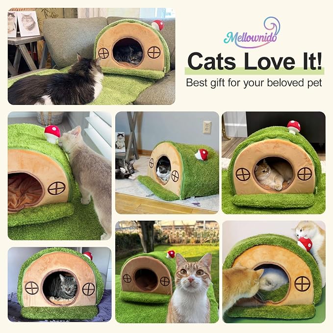 Cat House for Indoor Cats - Tree Hole Cat Bed Cave Hideaway | Enclosed Calming Shelter for Small Medium Pets, Removable & Washable Cushioned Pillow, Cute Kitten Bed with Anti-Slip Base