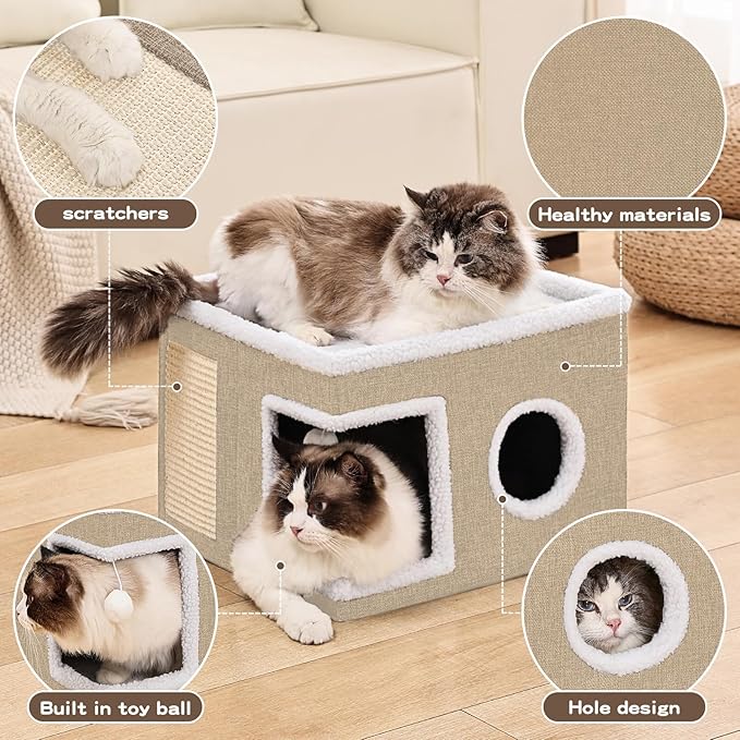 Large Cat Houses for Indoor Cats with Fluffy Ball and Scratch Pad | Foldable Cat Bed Cave for Multiple Pets, Kitten Bed for All Seasons, Non-slip, Hold Up to 30LBS, 16x16x13inch, Khaki