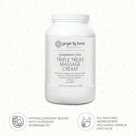 Ginger Lily Farms Botanicals Triple Treat Massage Cream, 100% Vegan & Cruelty-Free, Fragrance-Free, 1 Gallon