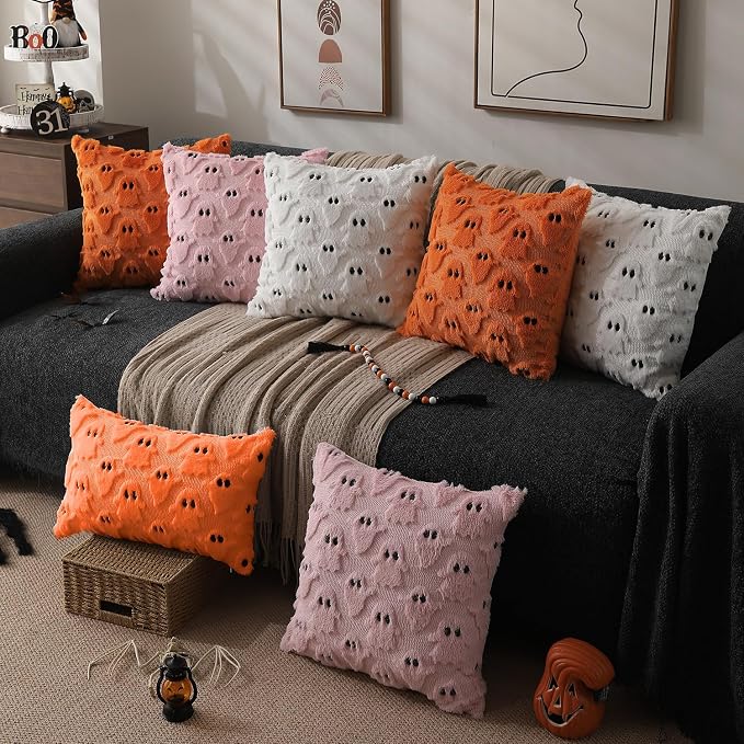 DFXSZ Halloween Pillow Covers 12x20 inch 2Pcs Orange Ghost Halloween Decor | Halloween Decorations Set of 2 Throw Pillow Cases Plush Faux Fur Wool Cushion for Chair Sofa Bedroom Living Room Home Decor