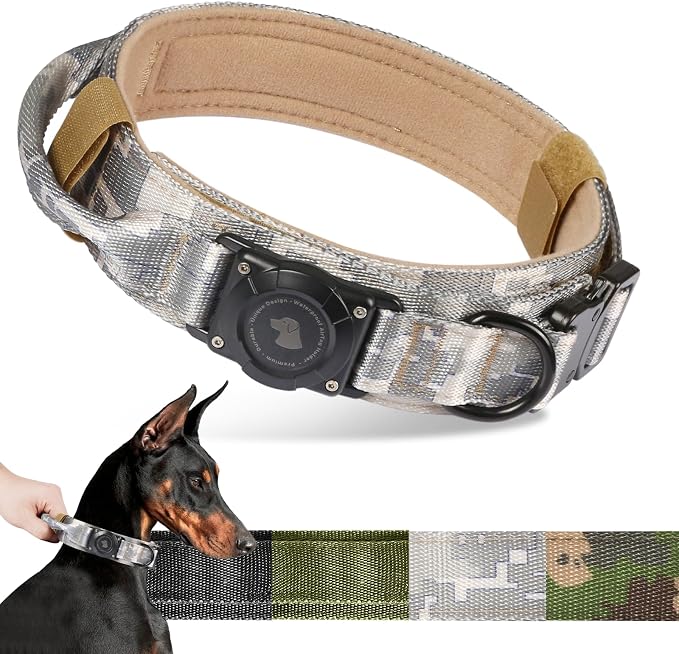 2026 Upgrade Waterproof Tactical AirTag Dog Collar, Built in AirTag Holder | Comfortable Control Handle, Quick Release Metal Buckle, Durable 1000D Nylon, For Medium to Large Dogs, Digital camo, M