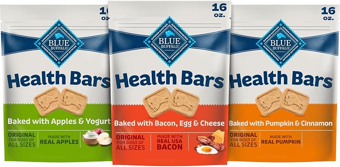 Blue Buffalo Health Bars Variety Pack Dog Biscuits, 16 oz | Bacon Egg & Cheese, Apple & Yogurt & Pumpkin & Cinnamon Recipes, Oven-Baked, Crunchy Texture