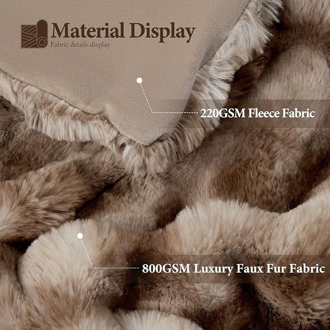 Luxury 1000GSM Faux Rabbit Fur Throw Blanket, Super Heavy Warm Cozy Brown Blankets for Couch Bed Sofa, Ruched Plush Fuzzy Elegant Soft Reversible Mink Blanket for Living Room Bedroom