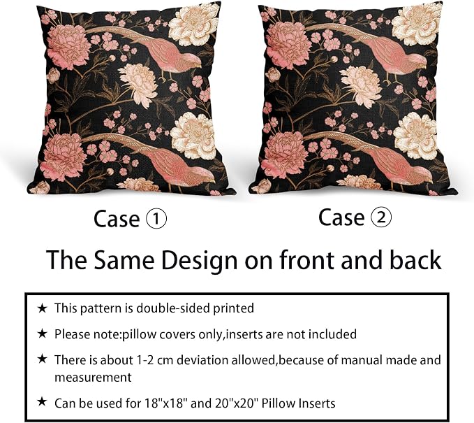 Flowers Birds Leaf Pillow Covers 16X16 Inch Set of 2 Pink White Roses Floral Decorative Pillow Cases Art Retro Black Gold Cotton Linen Cushion Case Vintage Home Decor for Sofa Couch Porch Outdoor
