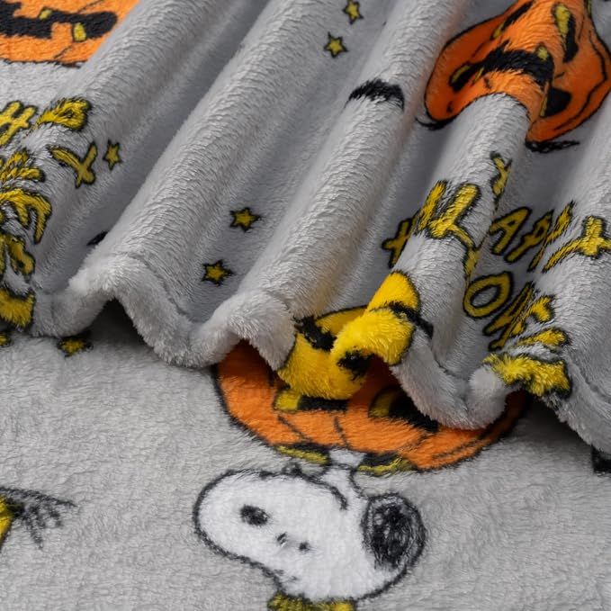 Berkshire Blanket Peanuts® VelvetLoft® Cute Character Snoopy Plush Oversized Throw Blanket, Peanuts Snoopy and Woodstock Happy Halloween Spooky Chateau Grey (50in x 60in)