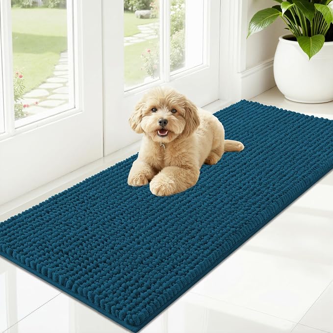 OLANLY Dog Door Mat for Muddy Paws 47x20, Extra Absorbent Chenille Mud Mat | Atlantic Blue, Absorbs Moisture and Dirt, Non-Slip Machine Washable Doormat, Quick-Drying Indoor Entryway Floor Mat for Dogs