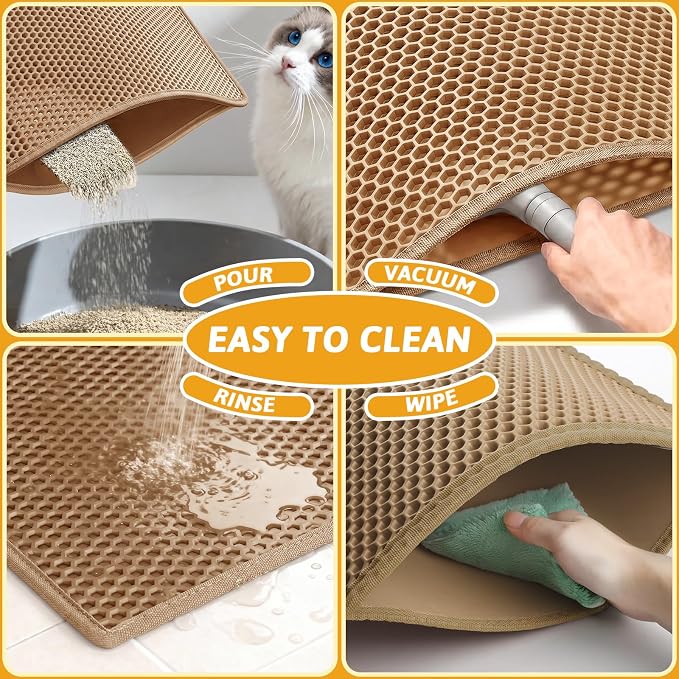 Pieviev Litter Mat, Double-Layer Waterproof Litter Trap, 30" x 24" Brown | Honeycomb Design Catches Scattered Particles to Stop Tracking, Urineproof Base Protects Floors, Easy to Clean