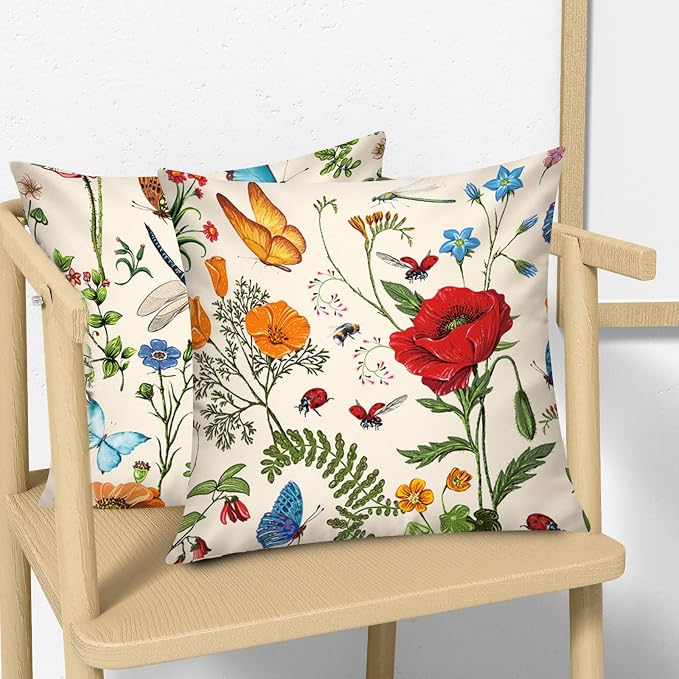 Spring Summer Throw Pillow Covers 18x18 Set of 6, Wildflower Nature Decor | spring summer floral bloom, Standard Throw Pillow Size, Breathable Linen, Neutral flower, Couch Sofa Living Room decor