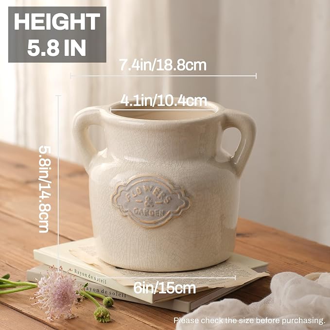 Rustic White Ceramic Vase, 5.8 Inch Vintage Flower Vases with Handle, Farmhouse Distressed Decorative Vases for Home Decor, Wide Mouth Vase for Living Room Bedroom Table Shelf Decorations
