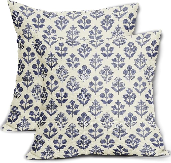 Navy Blue Floral Pillow Covers 18x18 Inch Set of 2, Vintage Flower Block Print Pattern Decorative Throw Pillowcases Outdoor Farmhouse Cushion Covers Spring Summer Rustic Sofa Couch Bed Decor