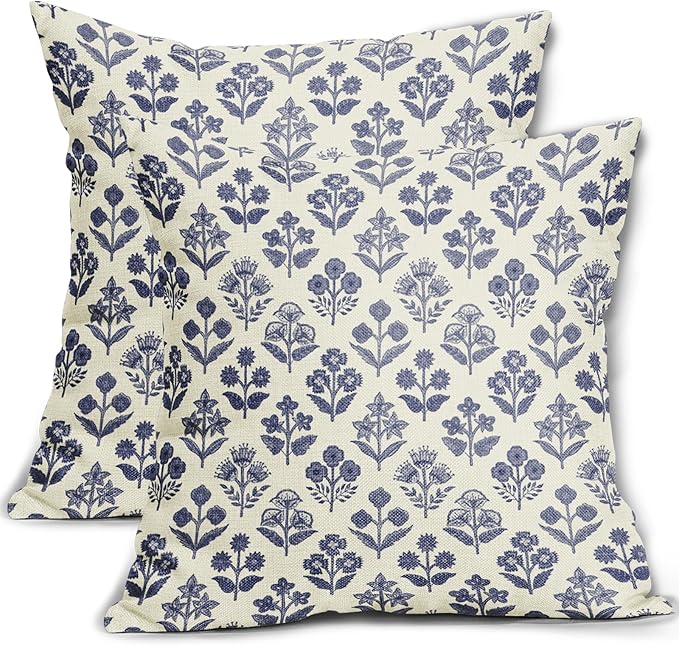 Navy Blue Floral Pillow Covers 16x16 Inch Set of 2, Vintage Flower Block Print Pattern Decorative Throw Pillowcases Outdoor Farmhouse Cushion Covers Spring Summer Rustic Sofa Couch Bed Decor