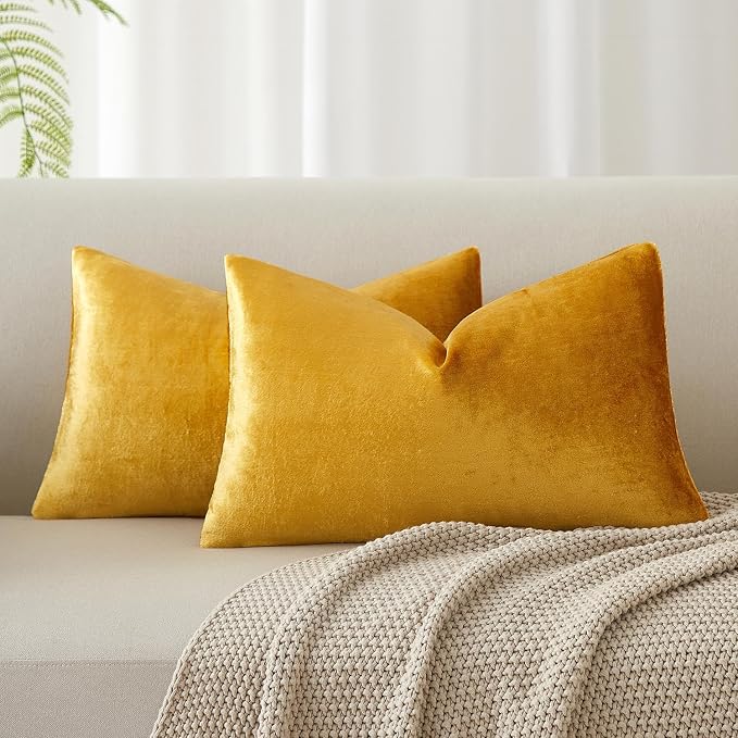 14x24 Pillow Covers Set of 2 Decorative Velvet Throw Pillow Covers,Golden | Luxury Soft Cushion Covers with Invisible Zipper for Couch Sofa Bed Living Room Bedroom Home Decor