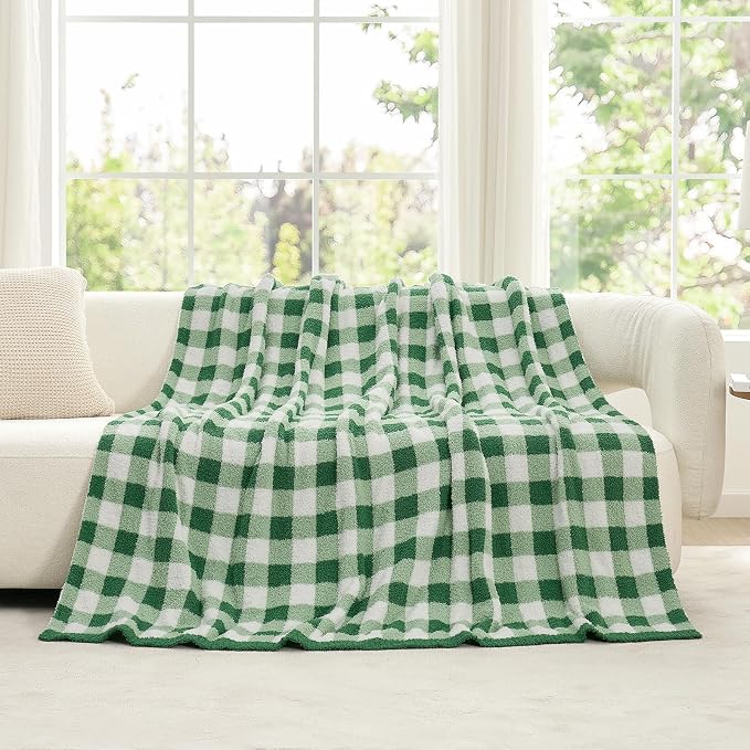 Snuggle Sac Checkered Blanket for Couch, Super Soft Cozy Warm Knit Netural Decorative Fluffy Blankets, Reversible Buffalo Plaid Microfiber Throws for Sofa Bed, Plaid Green, 50x60 Inches