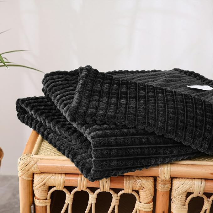 Puncuntex Fleece Throw Blanket Black 50"×60" with Square Grid Design | Super Soft Plush Cozy Flannel Throw Blanket Luxury for Couch Sofa Chair