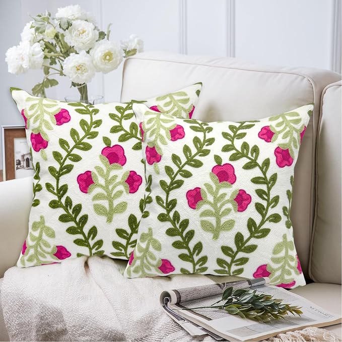 Alysheer Summer Decorative Throw Pillow Covers 18"x 18" Set of 2, Floral Embroidered Farmhouse Hot Pink Flowers Green Vine Patterned Cotton Canvas Cushion Case for Sofa Couch Bed Living Room Decor